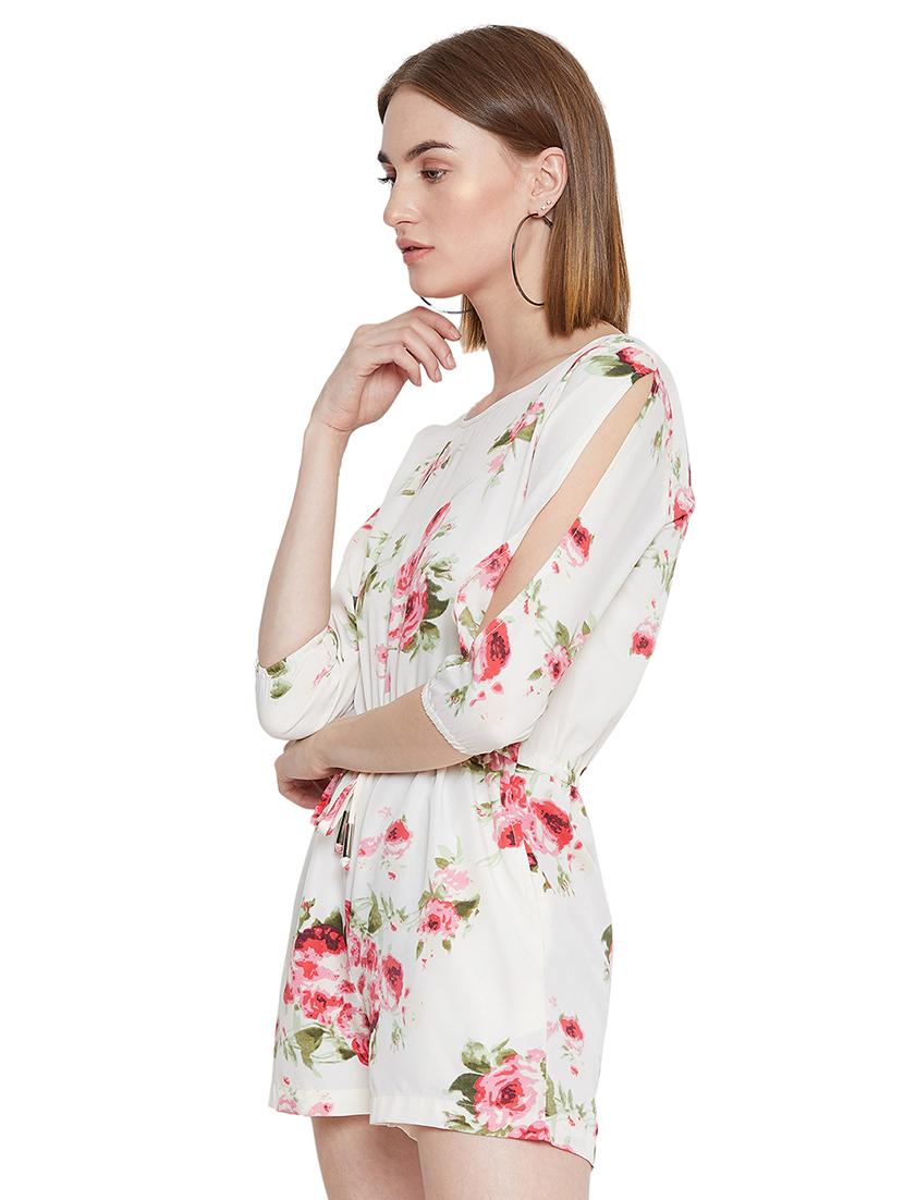 slit sleeved drawstring floral romper - 16675031 - Zoom Image - 2