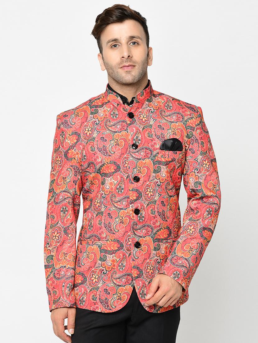 orange paisley printed bandhgala blazer - 16675090 - Zoom Image - 1