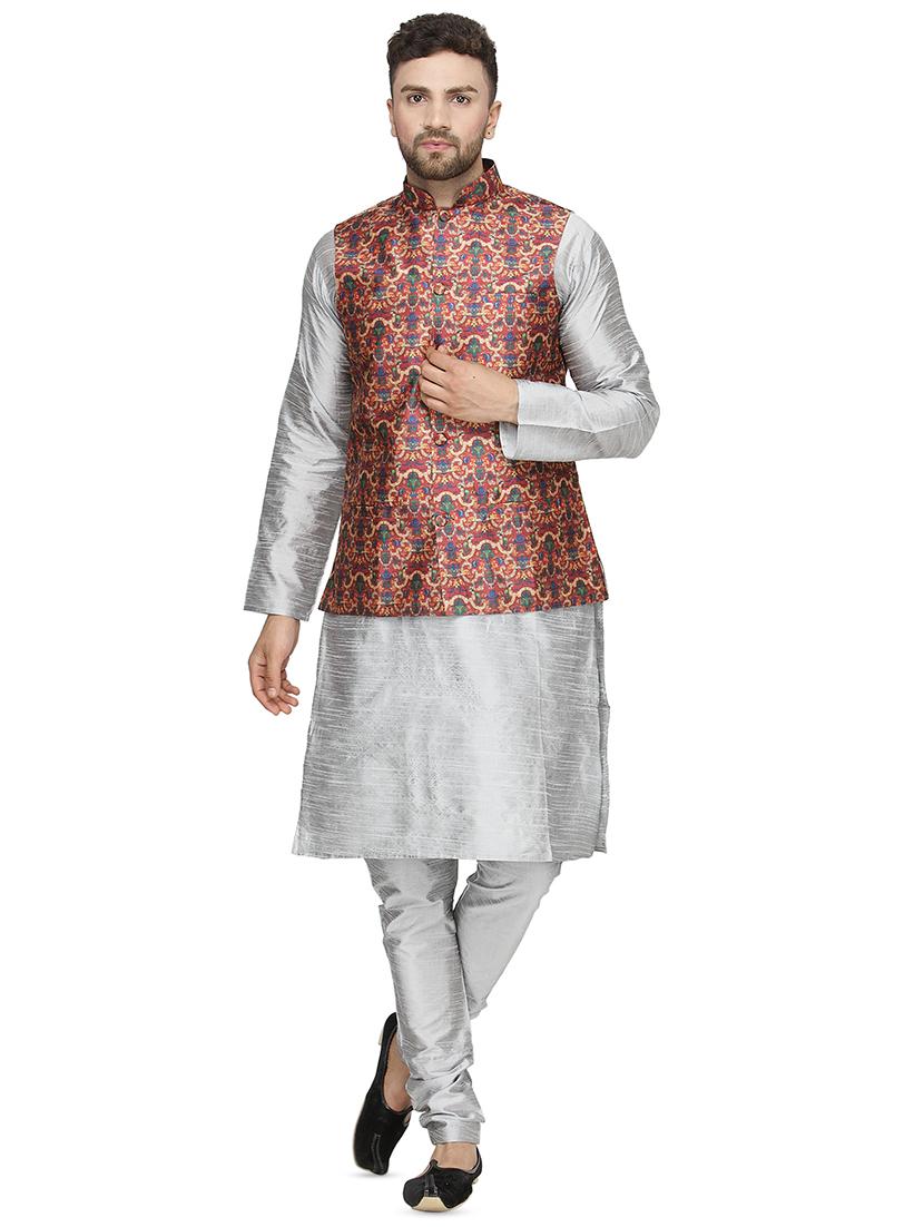 grey solid kurta pyjama set with nehru jacket - 16675096 - Zoom Image - 1