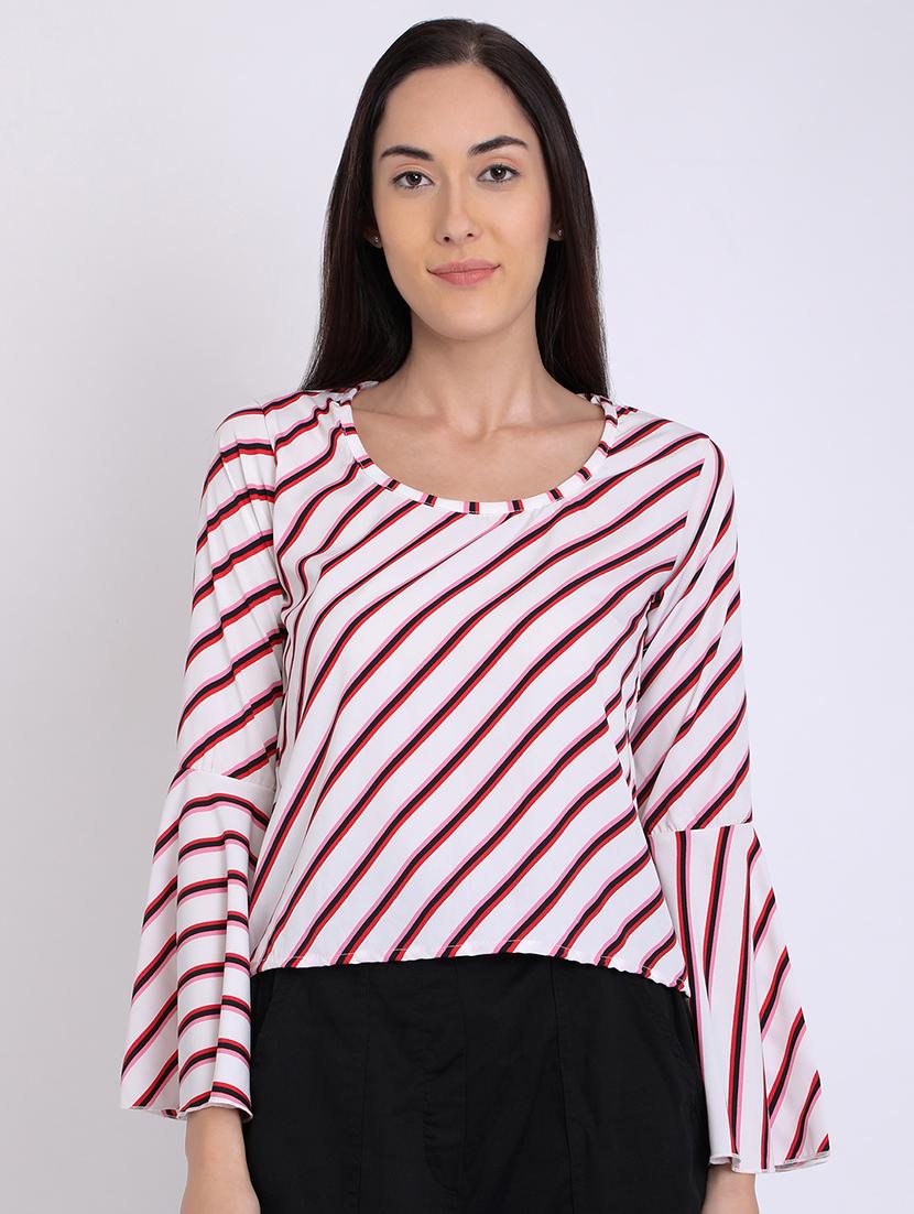 round neck bell sleeved striped top - 16675216 - Zoom Image - 1