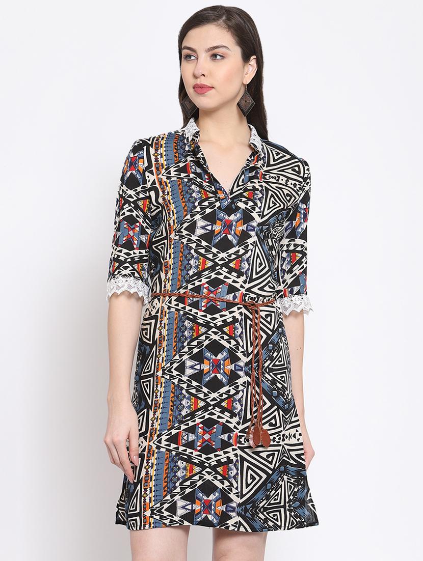 mandarin neck lace detail belted dress - 16677100 - Zoom Image - 1