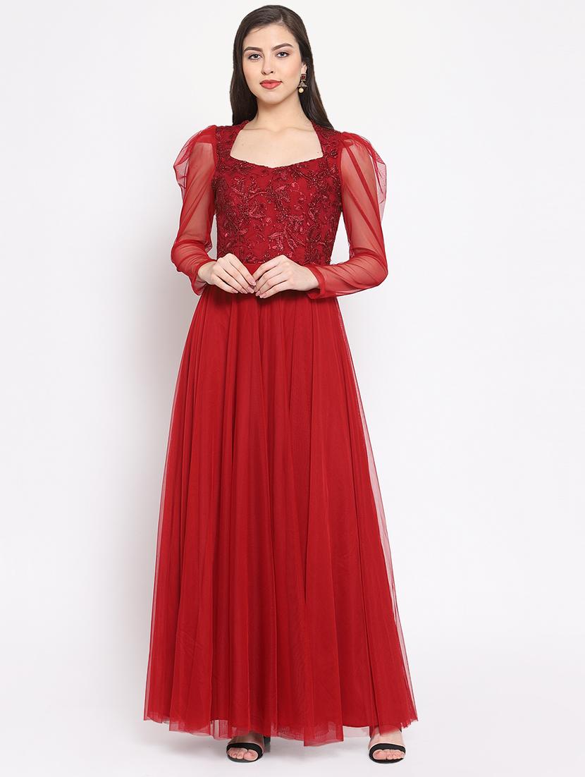 puff sleeved embroidered maxi dress - 16677114 - Zoom Image - 1