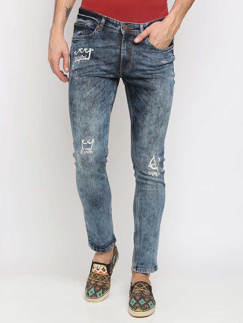 blue heavy washed printed jeans - 16677809 - Zoom Image - 1