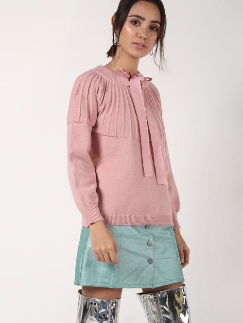 tie up neck solid wool pullover - 16680306 - Standard Image - 1
