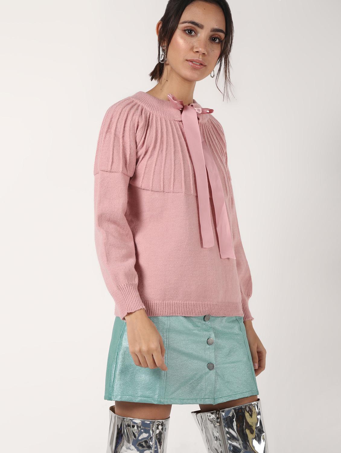 tie up neck solid wool pullover - 16680306 - Zoom Image - 1