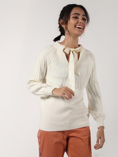 tie up neck solid wool pullover - 16680307 - Standard Image - 1