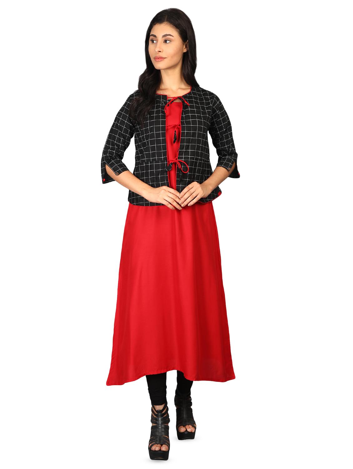 solid a-line kurta with checkered jacket - 16681956 - Zoom Image - 1