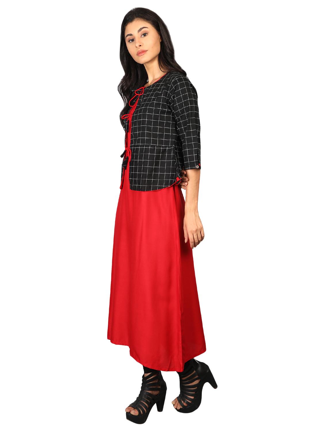 solid a-line kurta with checkered jacket - 16681956 - Zoom Image - 2