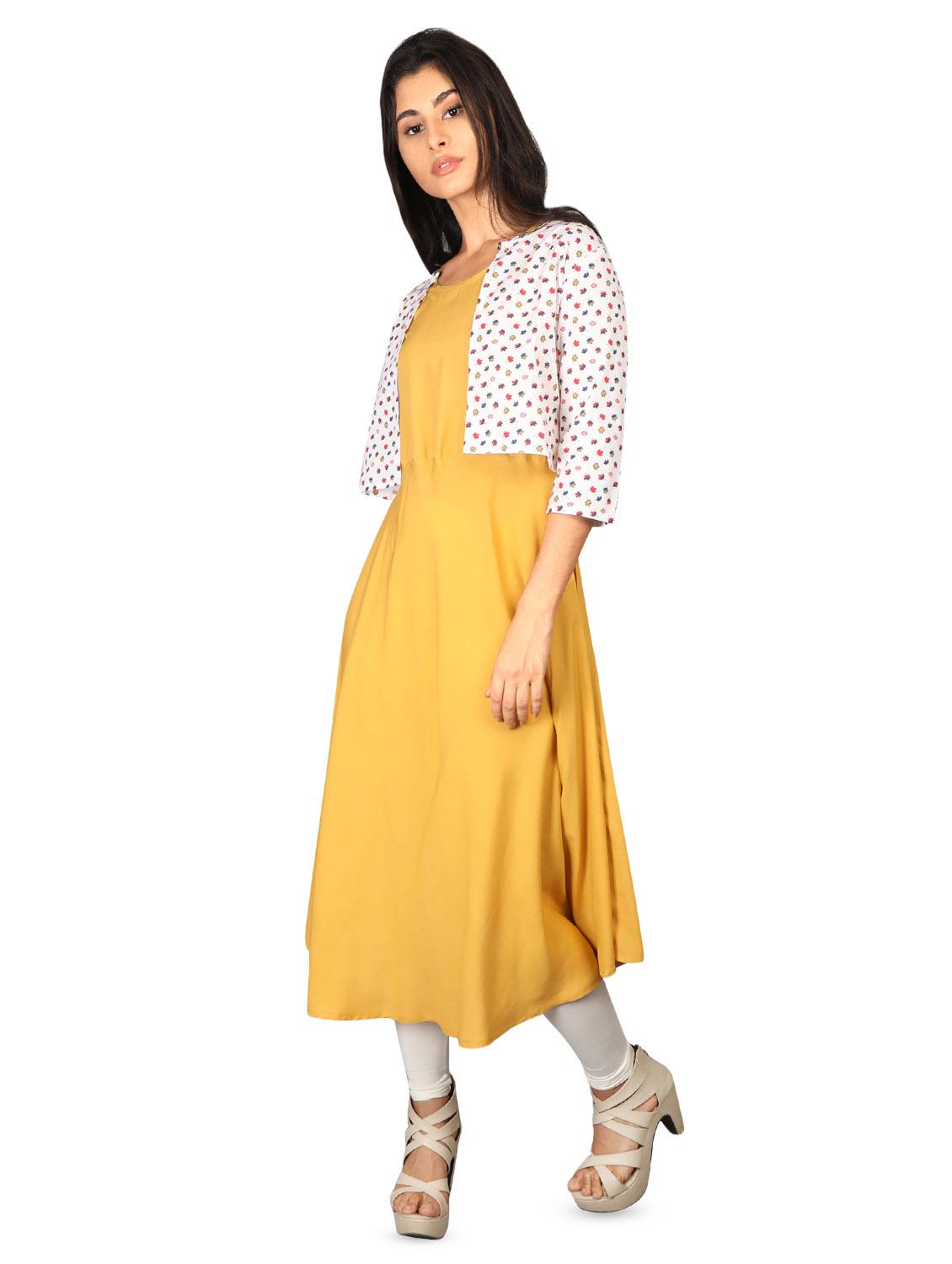 solid flared kurta with printed jacket - 16681962 - Zoom Image - 2