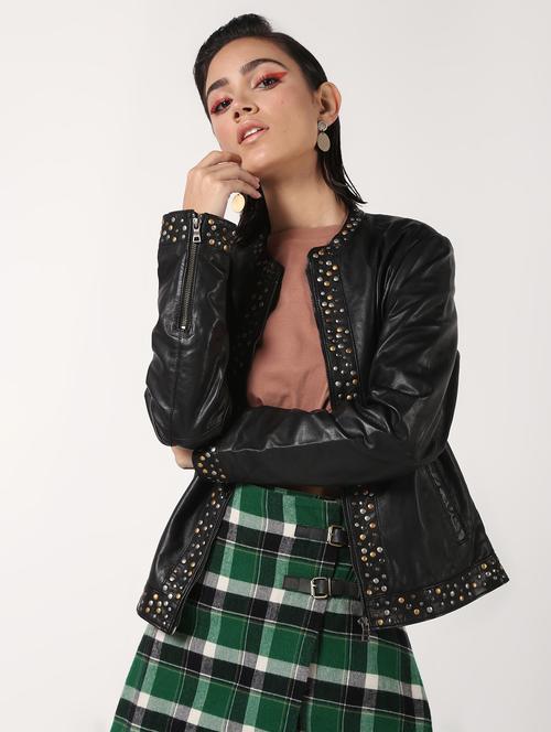 pocket detail long sleeved leather jacket - 16682495 - Very Small Image - 1