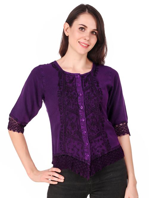round neck embroidered laced detai top - 16684369 - Standard Image - 1
