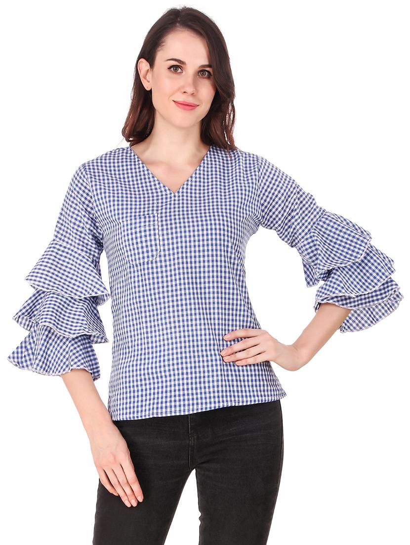 v neck bell sleeved gingham top - 16684370 - Zoom Image - 1