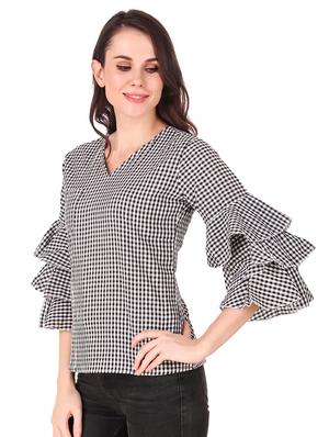 v neck bell sleeved gingham top - 16684371 - Standard Image - 2