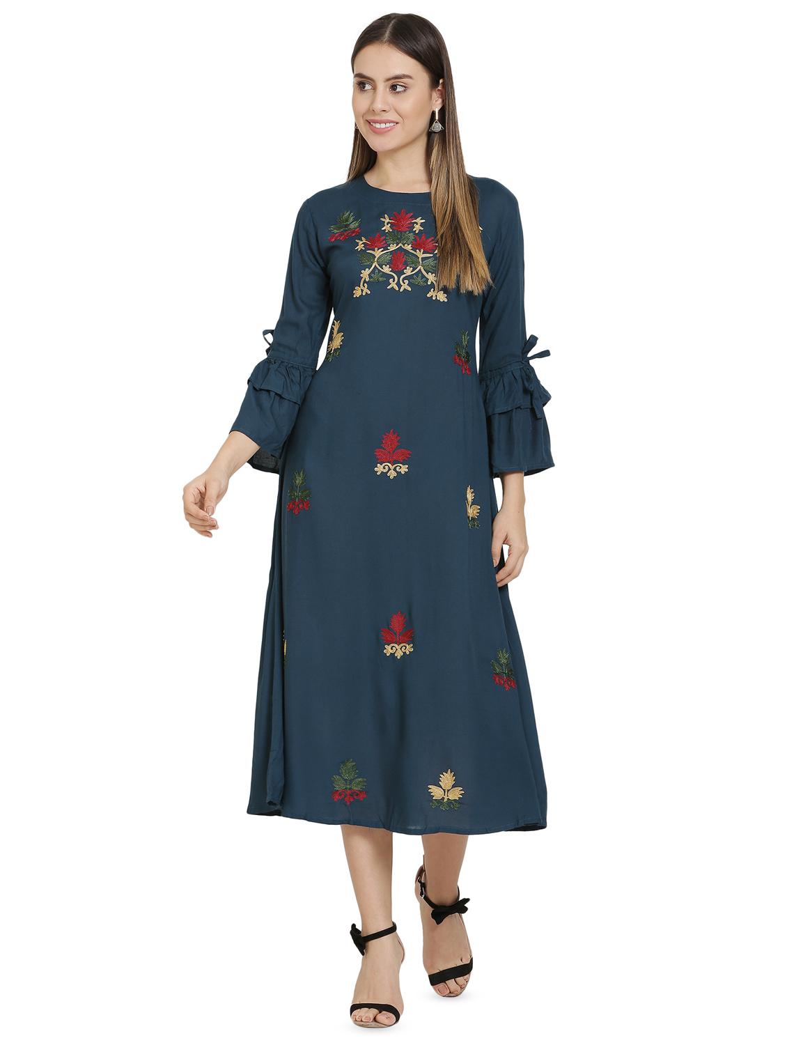 bell sleeved floral embroidered a-line dress - 16685514 - Zoom Image - 1