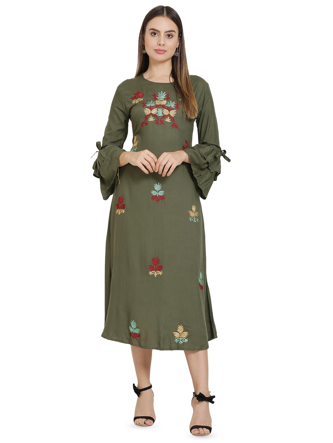 bell sleeved floral embroidered a-line dress - 16685516 - Zoom Image - 1