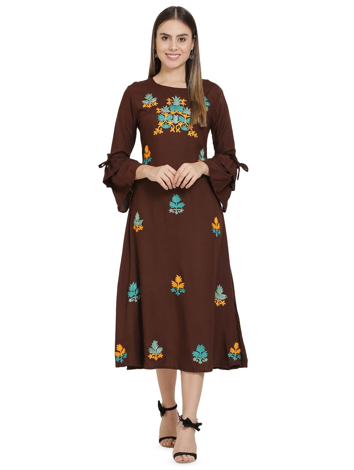 bell sleeved floral embroidered a-line dress - 16685517 - Zoom Image - 1