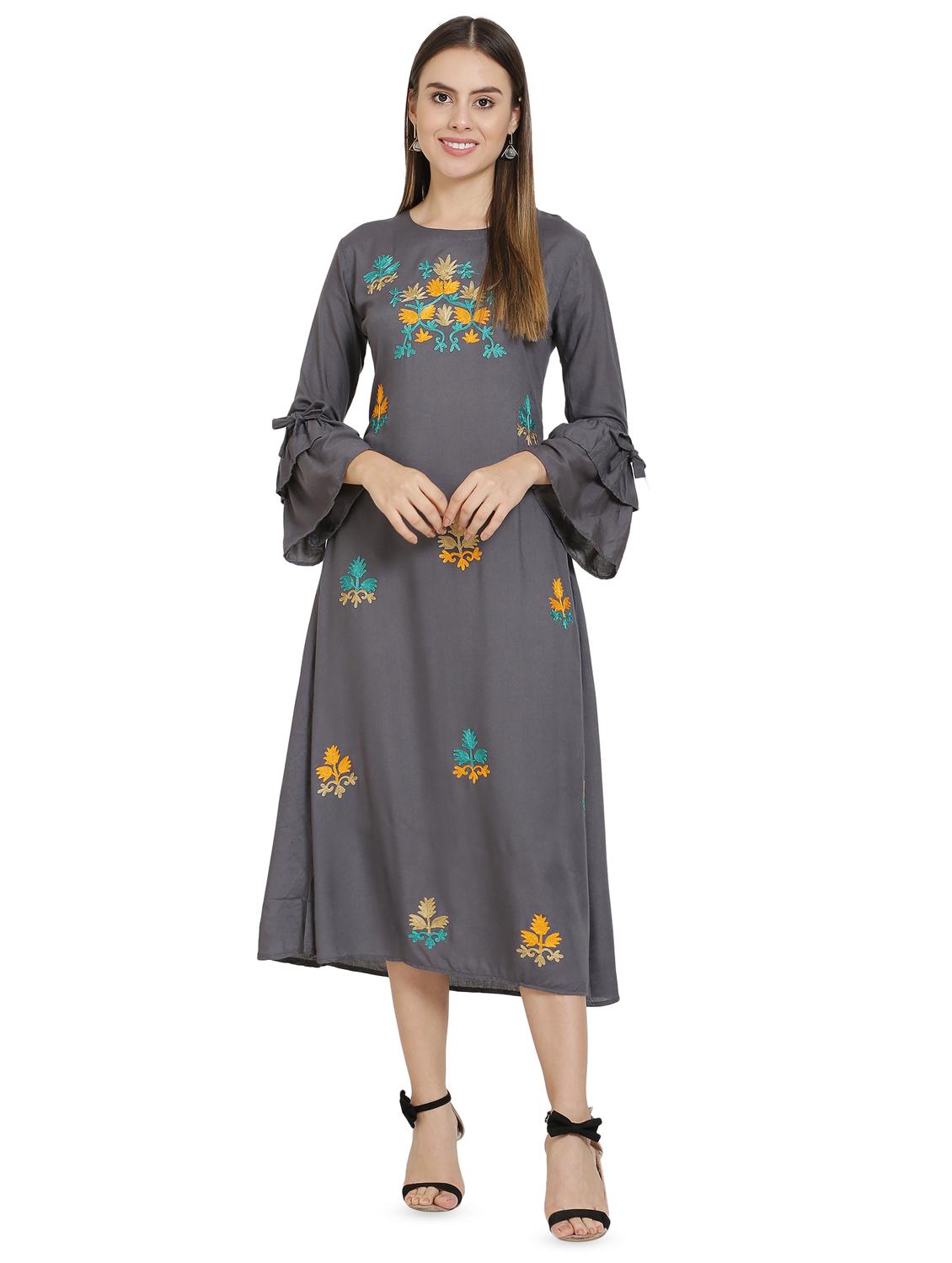 bell sleeved floral embroidered a-line dress - 16685518 - Zoom Image - 1