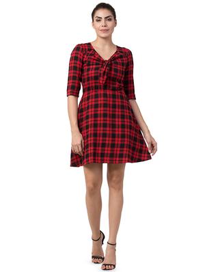 tie knot neck checkered a-line dress - 16687860 - Standard Image - 4