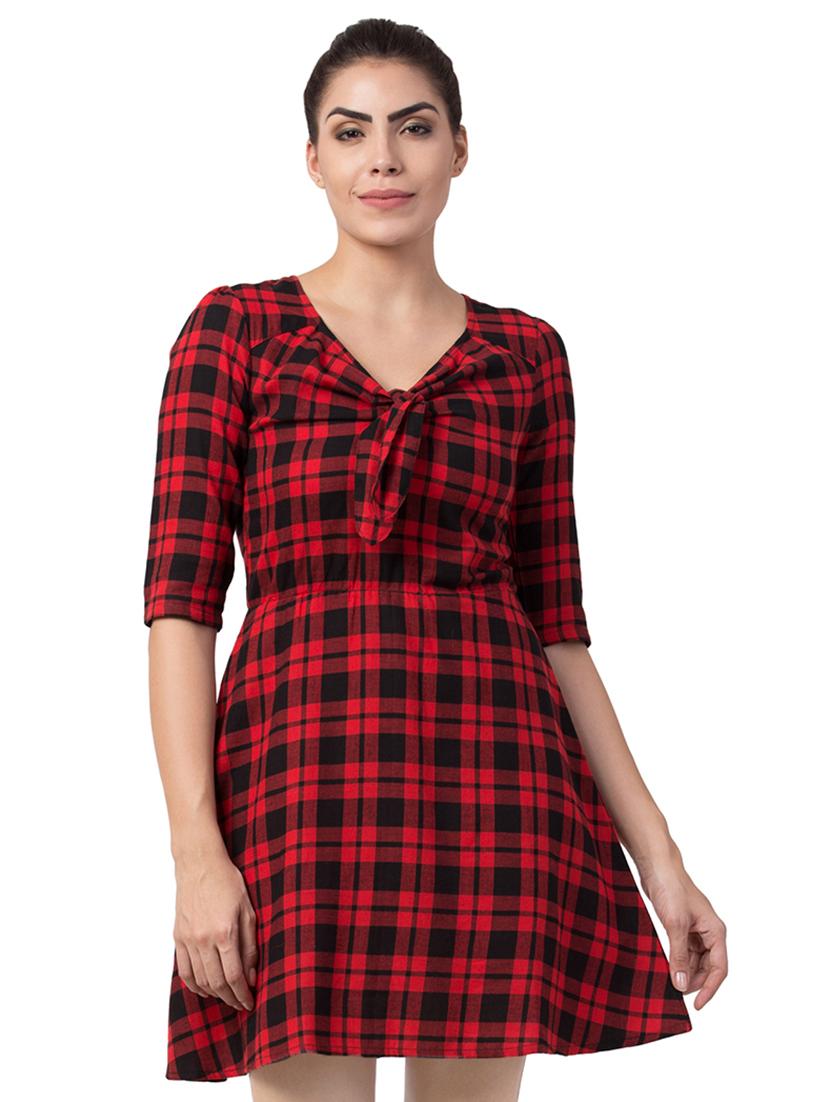 tie knot neck checkered a-line dress - 16687860 - Zoom Image - 1