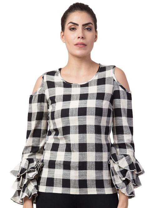cold shoulder ruffle detail checkered top - 16687861 - Standard Image - 1