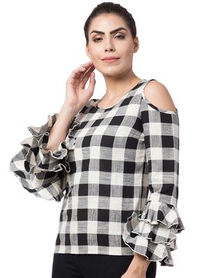 cold shoulder ruffle detail checkered top - 16687861 - Standard Image - 2