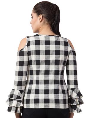 cold shoulder ruffle detail checkered top - 16687861 - Standard Image - 3