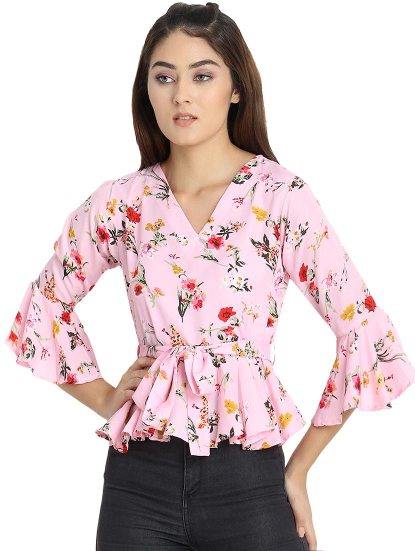 tie knot bell sleeved floral ruffle top - 16689733 - Zoom Image - 1