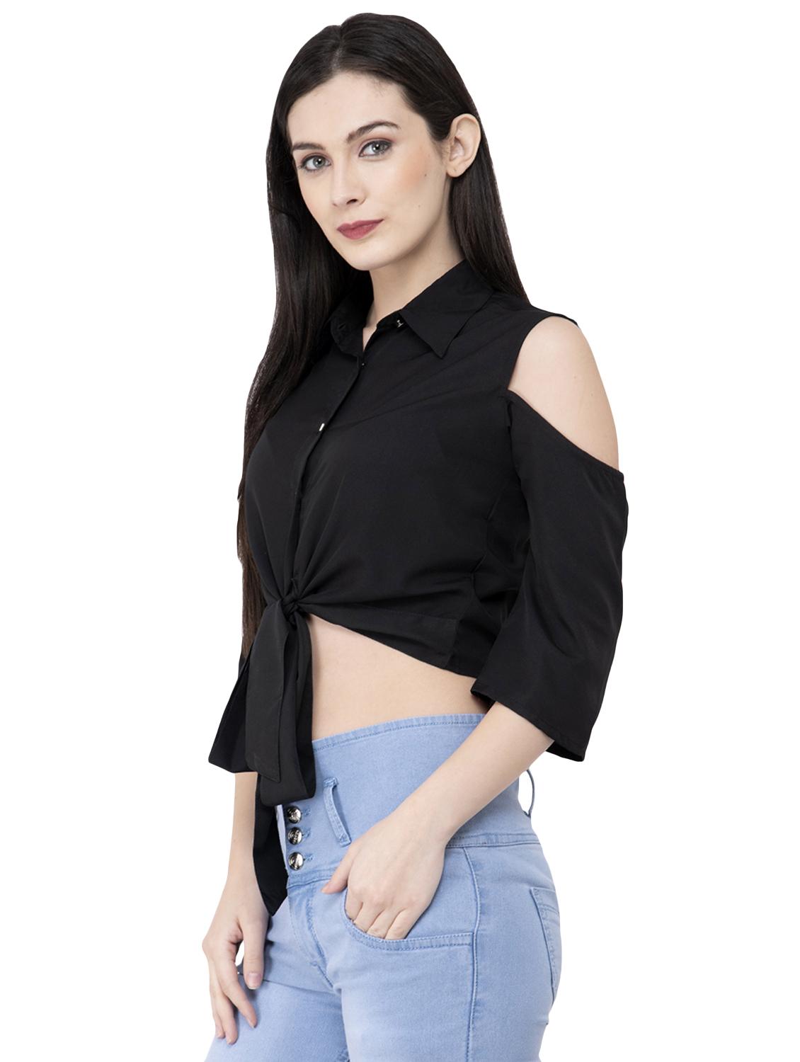tie knot cold shoulder crop shirt - 16691397 - Zoom Image - 2