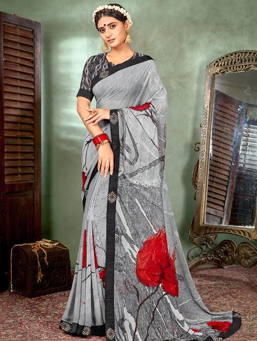 floral printed saree with blouse - 16691456 - Standard Image - 1