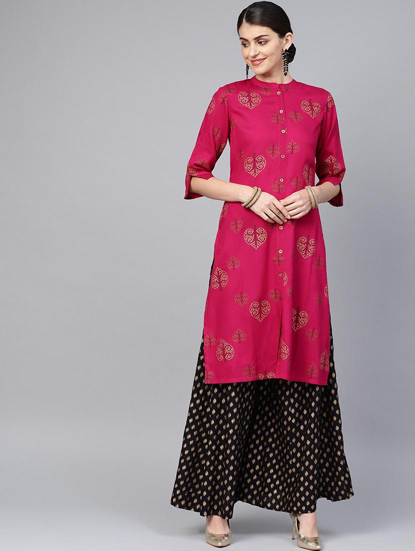 fuchsia block printed kurta with palazzo set - 16692820 - Zoom Image - 1