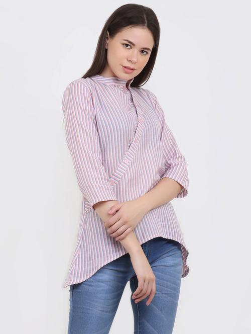mandarin neck striped asymmetric tunic - 16694201 - Standard Image - 1