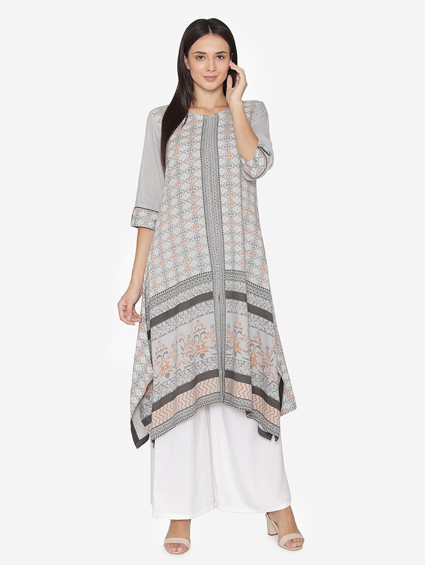 grey rayon highlow kurta - 16694411 - Zoom Image - 1