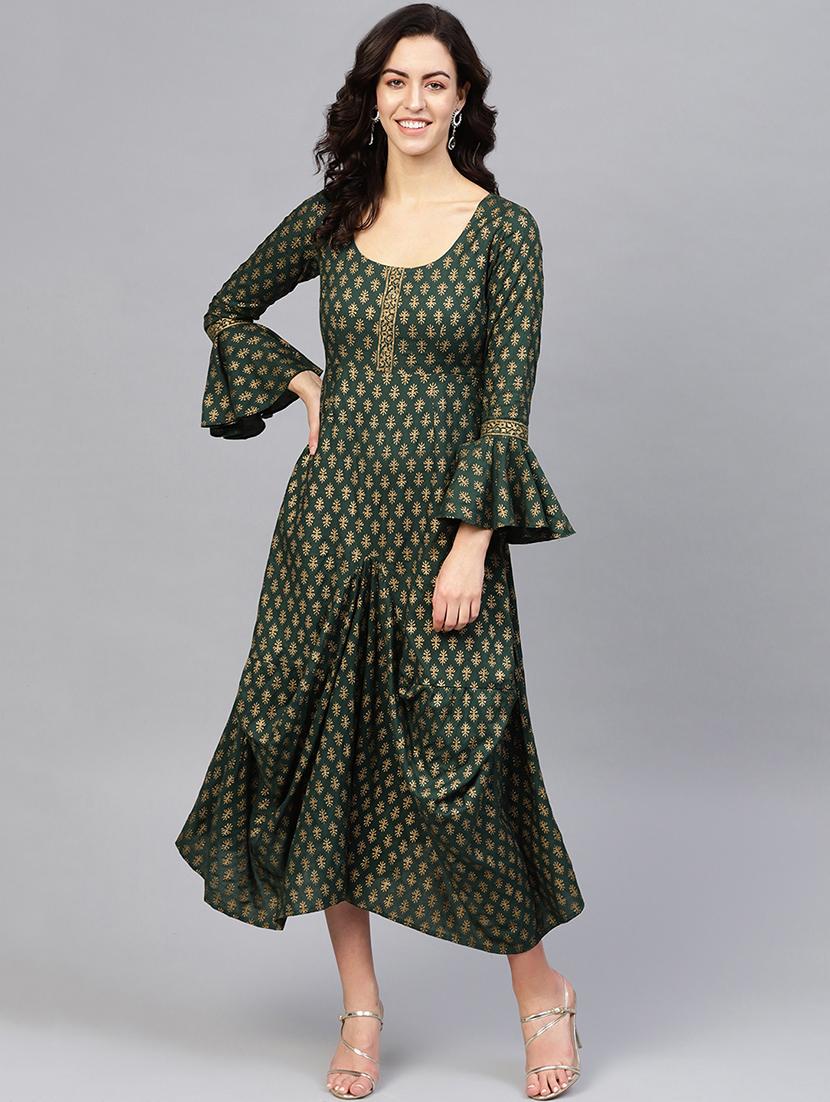 bell sleeved block print asymmetric dress - 16694719 - Zoom Image - 1