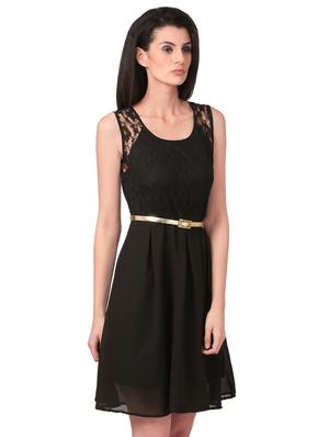 round neck floral laced belted dress - 16695755 - Standard Image - 2