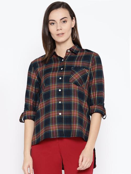roll up sleeved plaid high low shirt - 16696211 - Standard Image - 1