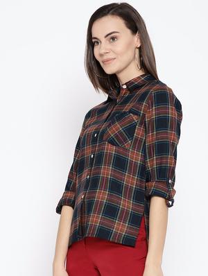 roll up sleeved plaid high low shirt - 16696211 - Standard Image - 2
