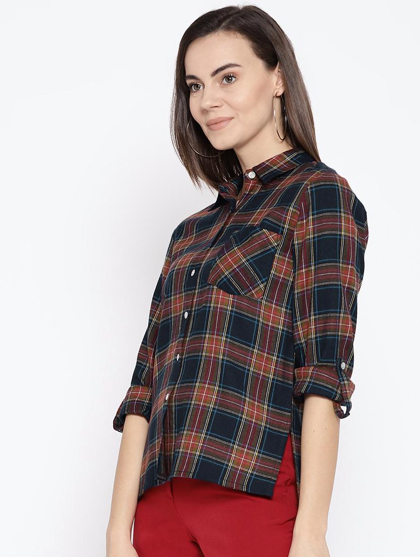 roll up sleeved plaid high low shirt - 16696211 - Zoom Image - 2