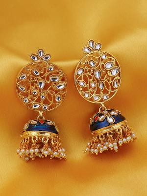 blue gold plated jhumka earring - 16697897 - Standard Image - 2
