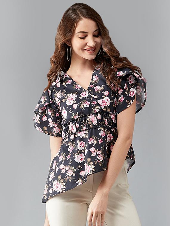 overlap neck floral asymmetric top - 16698803 - Zoom Image - 1