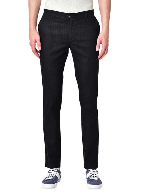 black organic linen checkered flat front casual trouser - 16699239 - Standard Image - 1