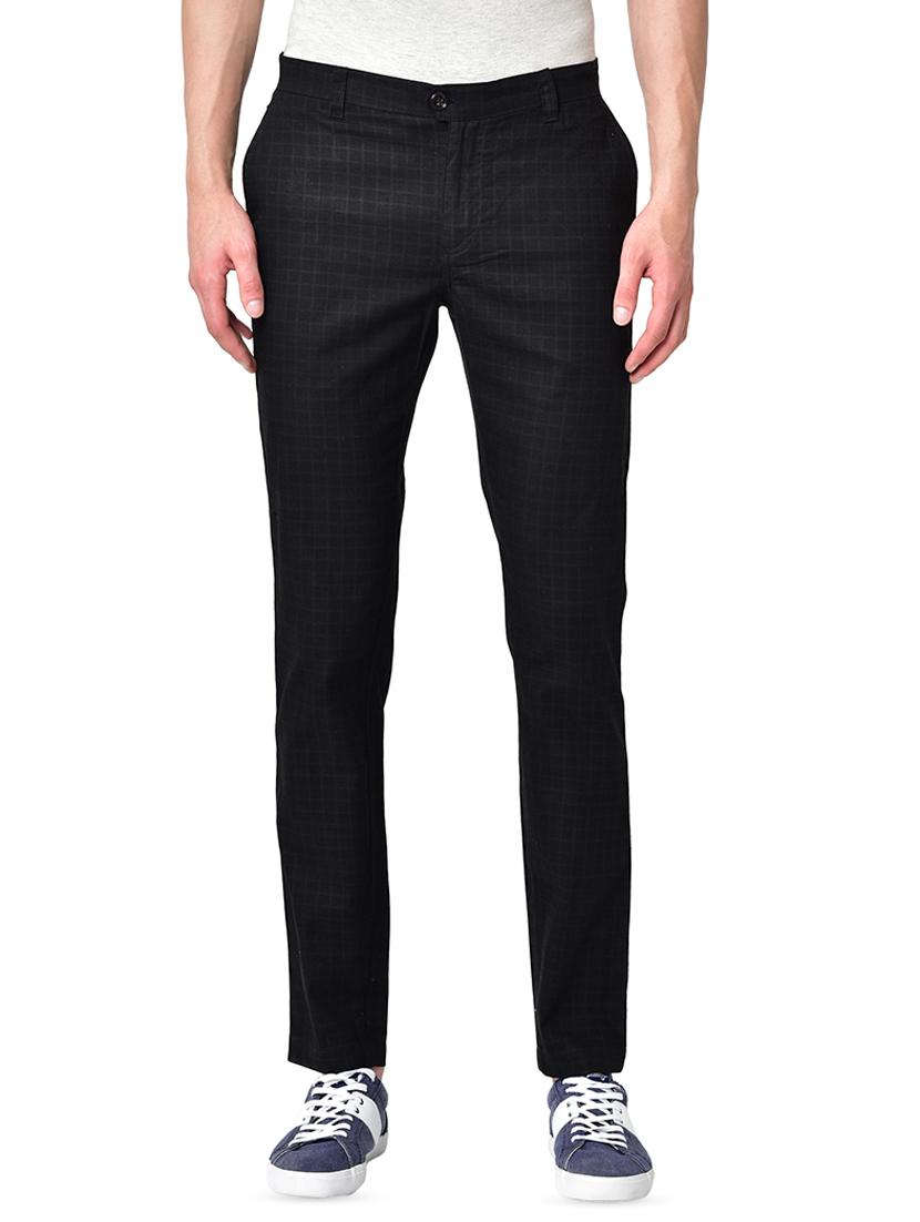black organic linen checkered flat front casual trouser - 16699239 - Zoom Image - 1