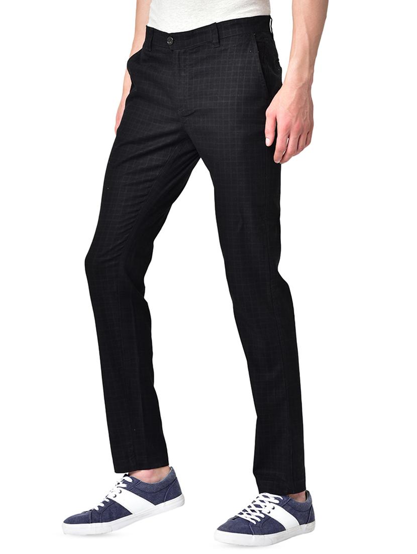 black organic linen checkered flat front casual trouser - 16699239 - Zoom Image - 2