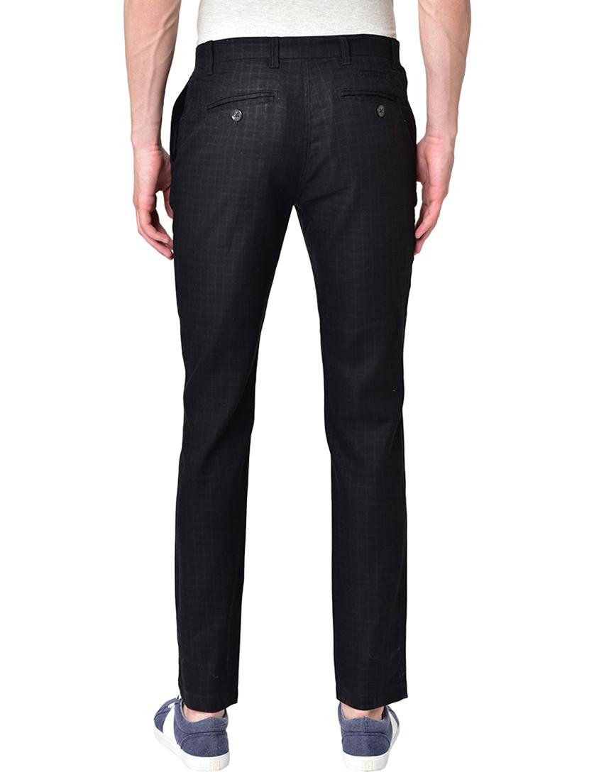 black organic linen checkered flat front casual trouser - 16699239 - Zoom Image - 3