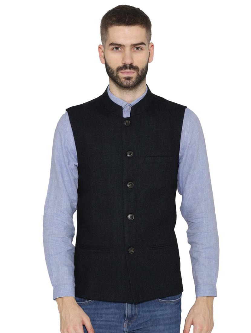 navy blue solid nehru jacket - 16699622 - Zoom Image - 1