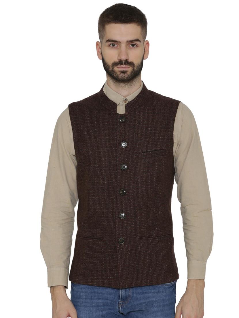 brown checkered nehru jacket - 16699623 - Zoom Image - 1