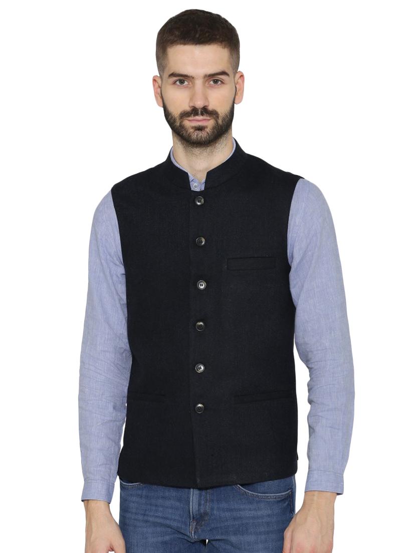 navy blue solid nehru jacket - 16699630 - Zoom Image - 1