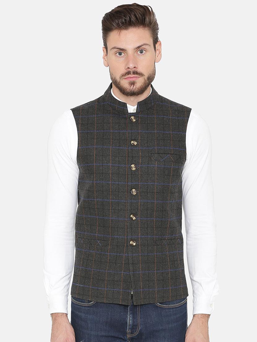 grey checkered nehru jacket - 16699633 - Zoom Image - 1