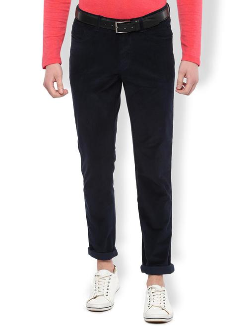navy blue textured flat front casual trouser - 16700650 - Very Small Image - 1