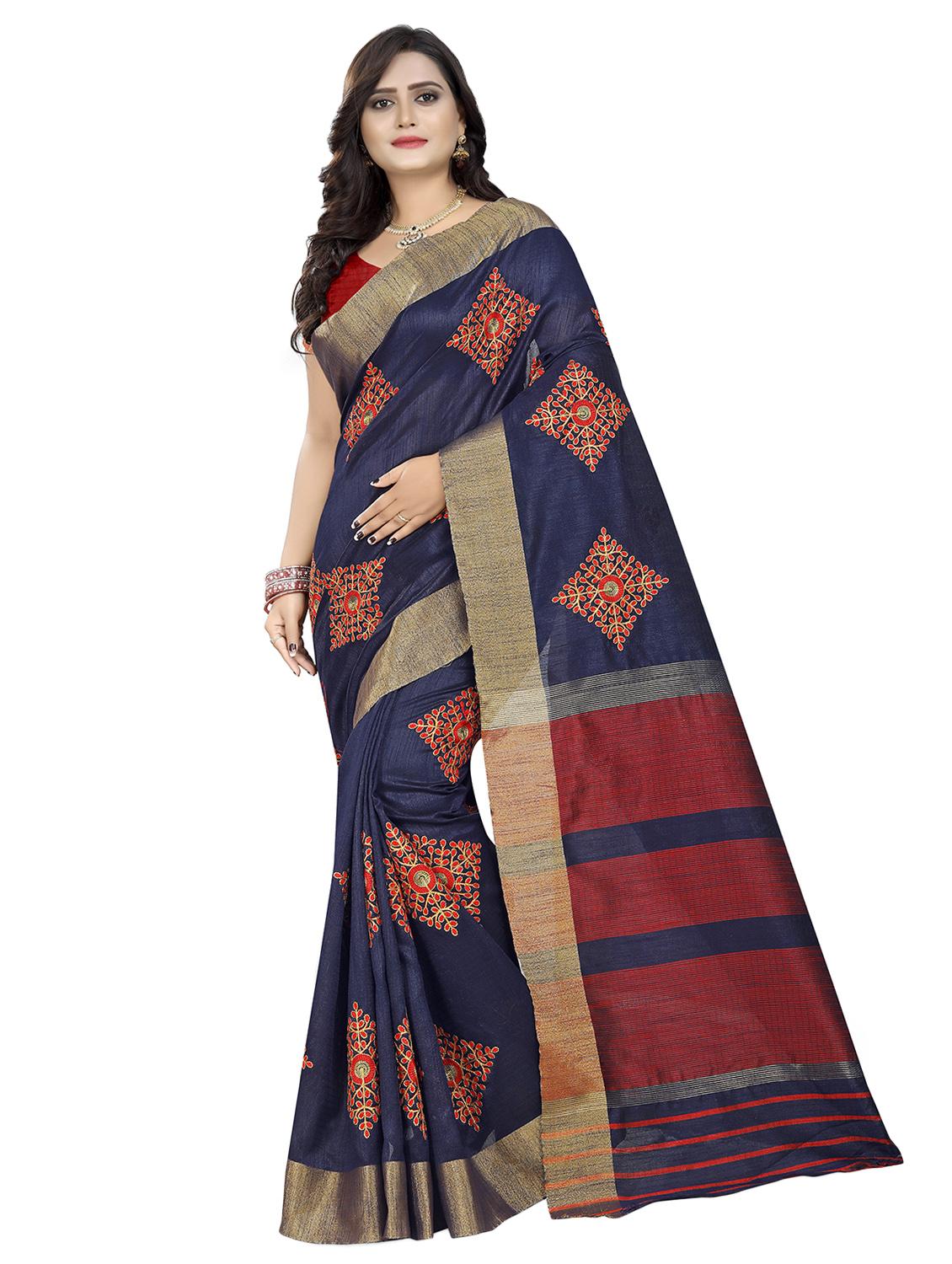 blue cotton embroidered saree with blouse - 16700686 - Zoom Image - 1