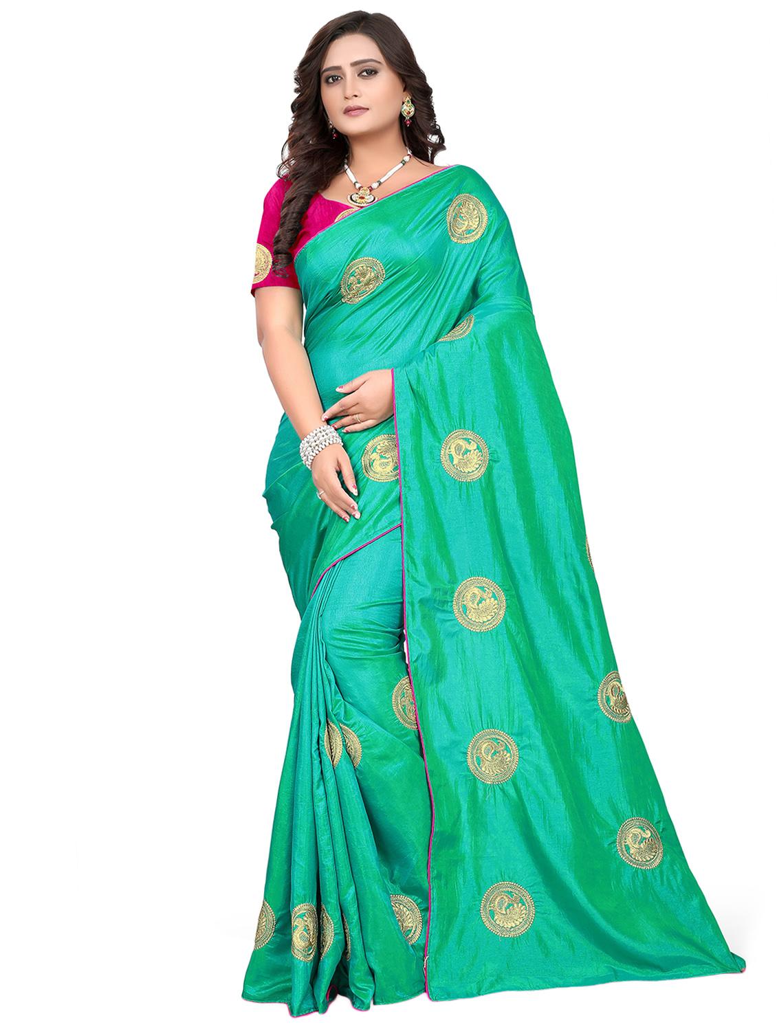 turquoise silk embroidered saree with blouse - 16700705 - Zoom Image - 1